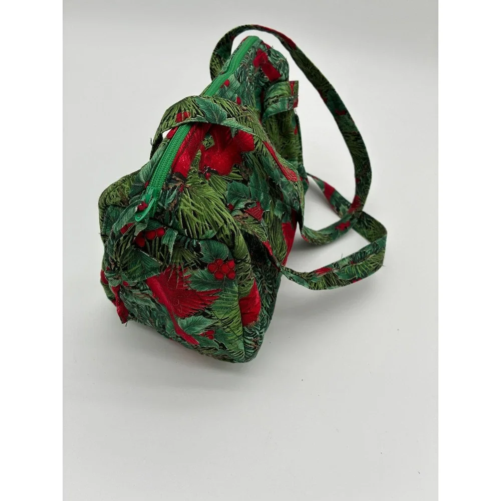 Handmade Quilted Christmas Cardinal Handbag Green Red Holiday Barrel Bag